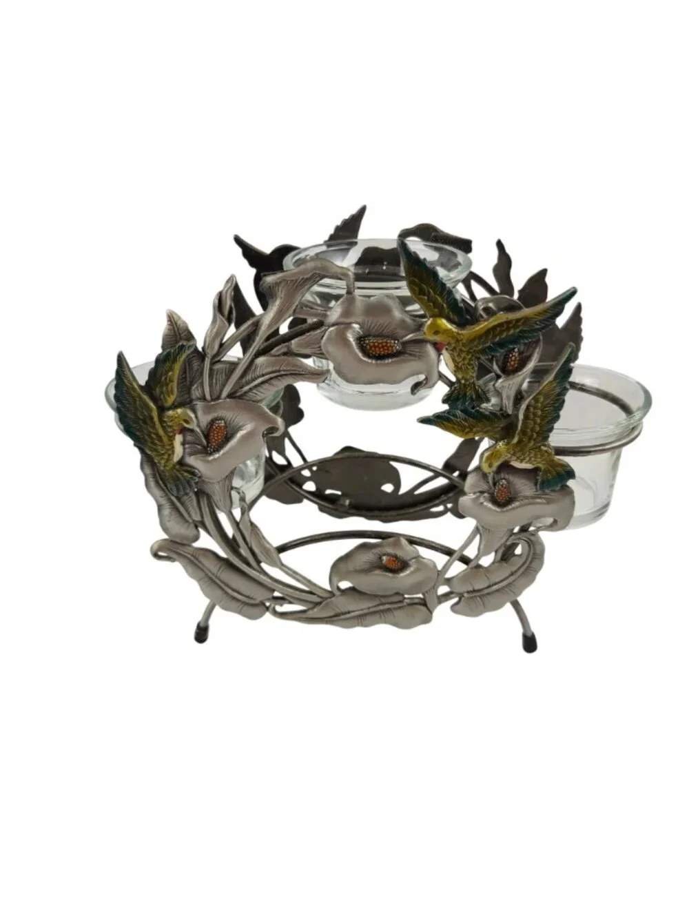 Pewter Votive Candle Holder Painted Hummingbirds Sculpted Calla Lillies Open Fra